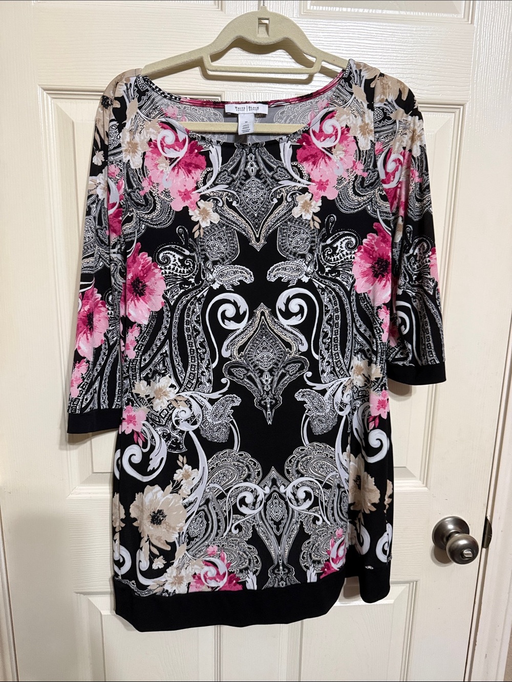 White House Black Market Black Tunic with Pink and Cream Floral Paisley